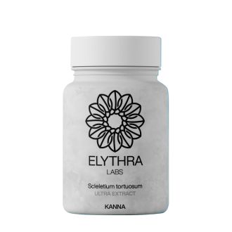 Witte supplementenfles met het label &ldquo;ELYTHRA LABS &ndash; Sceletium tortuosum ULTRA EXTRACT (KANNA)&rdquo; en een zwart bloemachtig geometrisch logo op de voorkant.